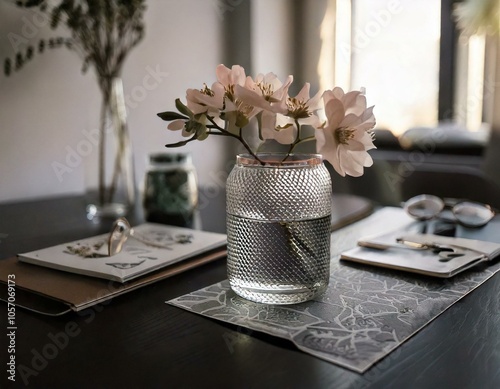 Table Companion: Write about other objects on the table that complement or contrast with the glass flower.

