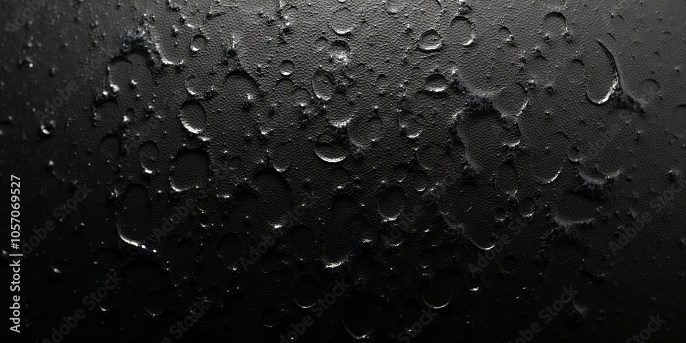 Black Textured Surface Covered In Water Droplets Creating Reflective Effect Black Textured Surface Covered In Water Droplets Creating Reflective Effect