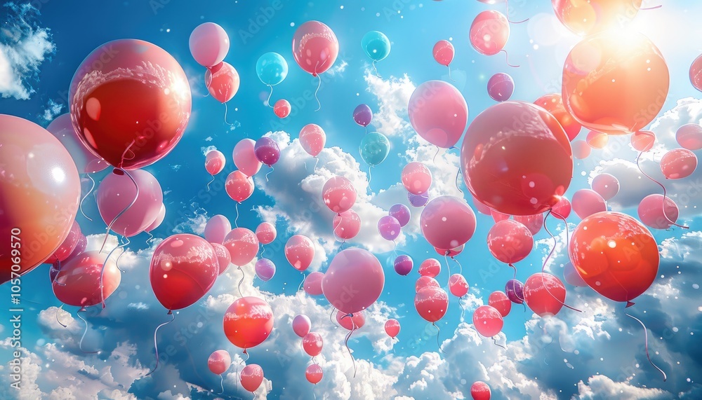 Colorful Balloons Floating in a Blue Sky with White Clouds Colorful Balloons Floating in a Blue Sky with White Clouds