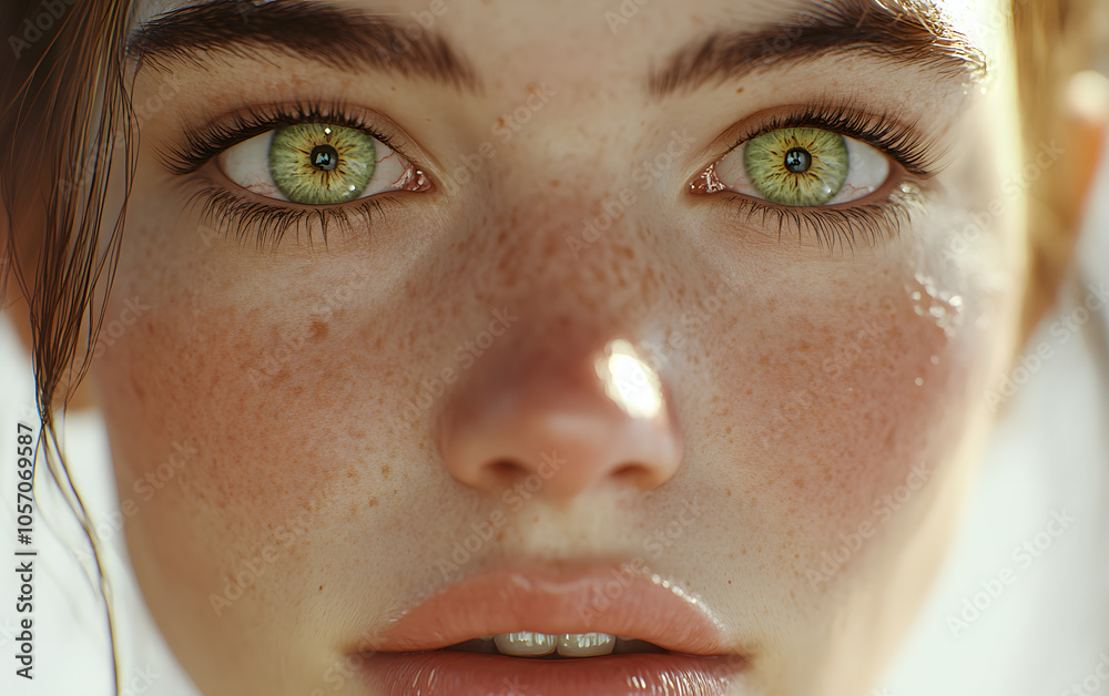 Fototapeta premium Intense green eyes, close-up on woman’s face, bright background.