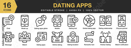 Dating Apps icon set. Editable Stroke Icon Collection. Includes break up, chat, choose partner, dating app, location, and More. Outline icons vector collection.