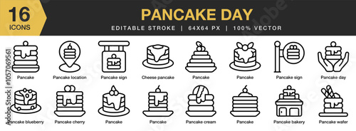 Pancake Day icon set. Editable Stroke Icon Collection. Includes pancake day, cheese, bakery, blueberry, cherry, cream, and More. Outline icons vector collection.