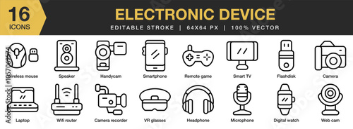 Electronic Device icon set. Editable Stroke Icon Collection. Includes camera recorder, digital watch, flashdisk, handycam, headphone, and More. Outline icons vector collection.