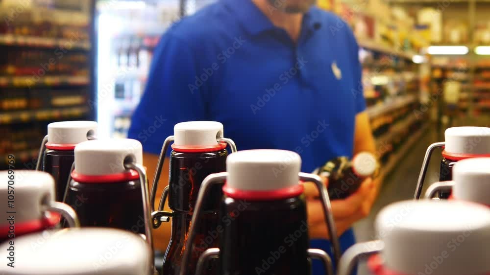 A male buyer takes a bottle of craft beer from a retail display A male buyer takes a bottle of craft beer from a retail display