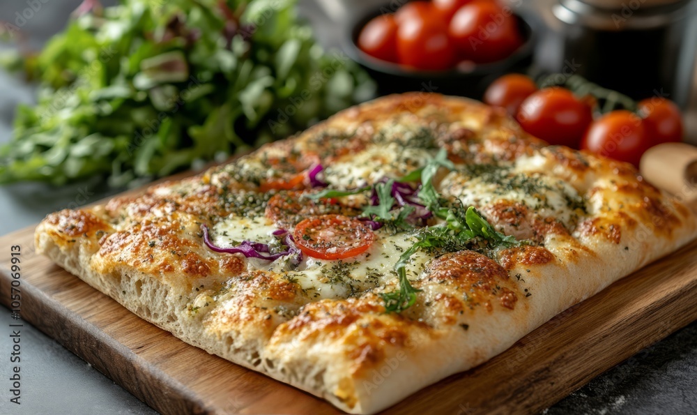 Side view of focaccia pizza stuffed with mozzarella fresh salad and juicy tomatoes Side view of focaccia pizza stuffed with mozzarella fresh salad and juicy tomatoes