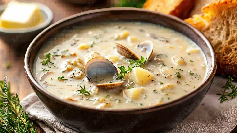 Hearty clam chowder soup with fresh bread Hearty clam chowder soup with fresh bread