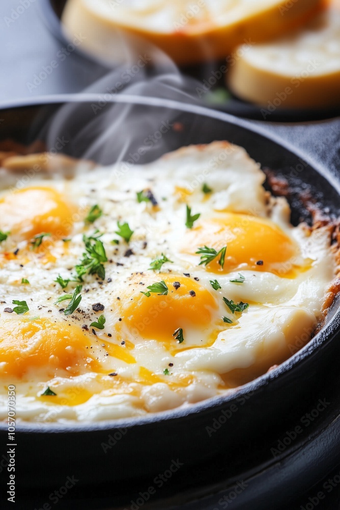 Deliciously cooked sunny-side-up eggs garnished with fresh herbs served in a cast iron skillet on a kitchen countertop
