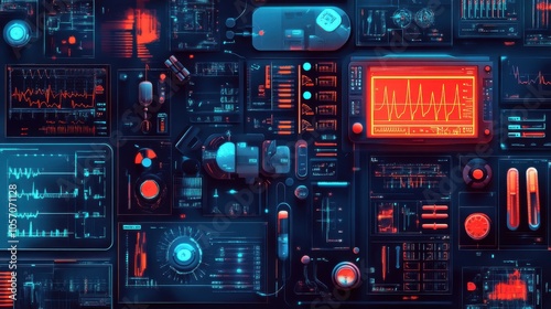 Biomedical engineering vector, featuring medical devices and digital health tools, bright and colorful