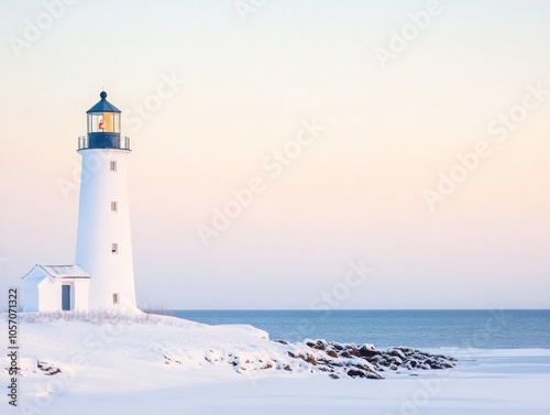 Serene winter lighthouse by the sea at sunrise