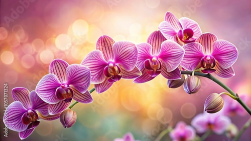 A majestic orchid with long slender stems and exotic flowers in shades of pink and purple, purple, natural, outdoors, greenery, tropical