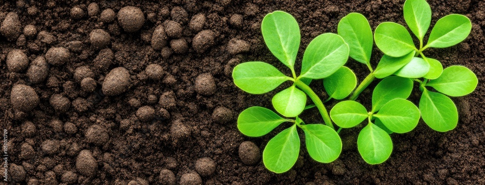 Naklejka premium Top view of rich soil with seedlings emerging, symbolizing growth and renewal during the vibrant spring planting season