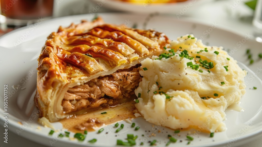 Tasty chicken pie with mashed potatoes on plate with white porcelain surface Tasty chicken pie with mashed potatoes on plate with white porcelain surface