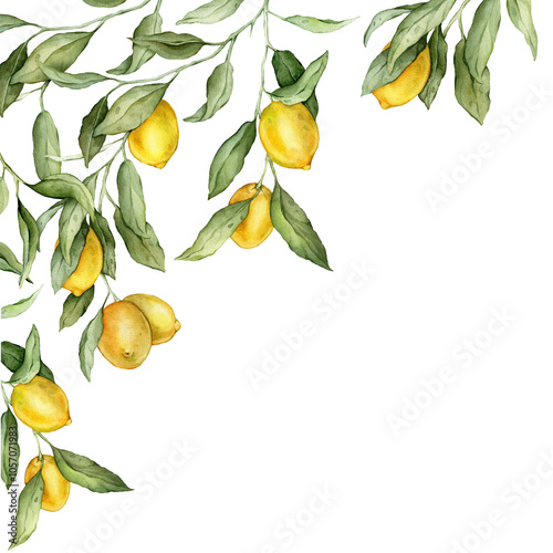 Lemon Fruits square Frame. Hand drawn watercolor illustration of Border with Citrus branches on white isolated background. Drawing with tropical fruit lemon for food label or cards design. photo