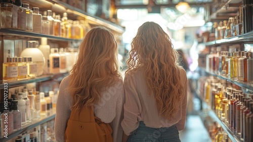 vibrant fragrance shop filled with joyful girls exploring the latest perfume scents and beauty products, having a fun shopping spree full of discovery and excitement photo