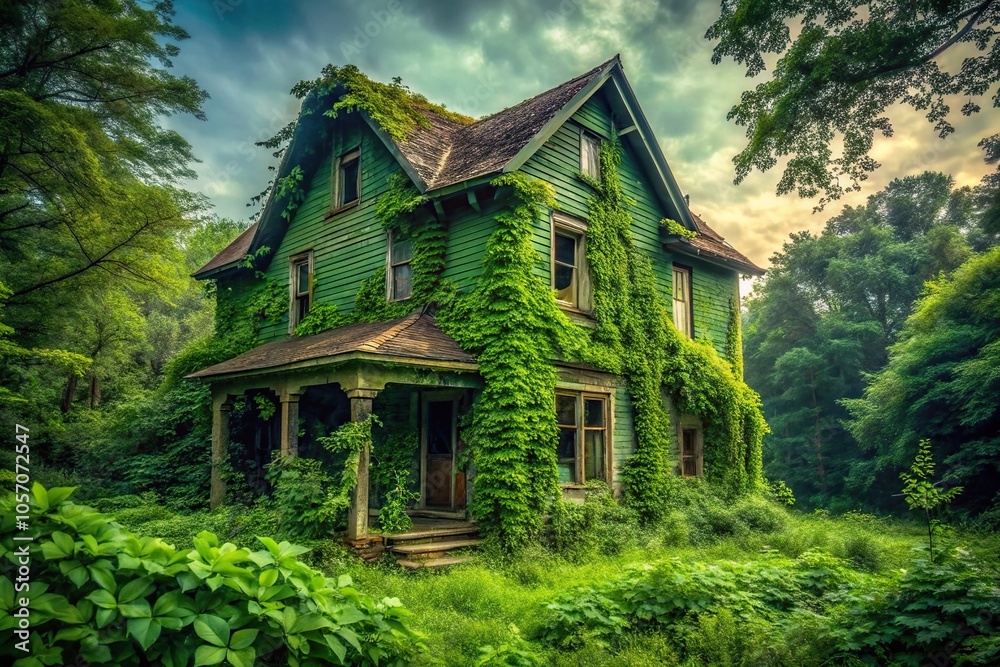 A mysterious and eerie green abandoned house with overgrown vegetation, rural decay, overgrowth, forgotten places A mysterious and eerie green abandoned house with overgrown vegetation, rural decay, overgrowth, forgotten places