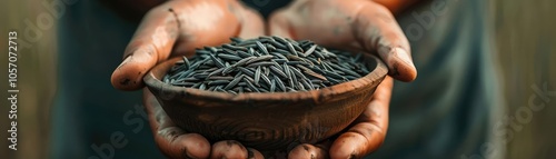 Close-up RAW Style of Premium wild rice harvesting, Native American tradition