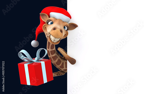 Fun 3D cartoon santa giraffe with a blank sign