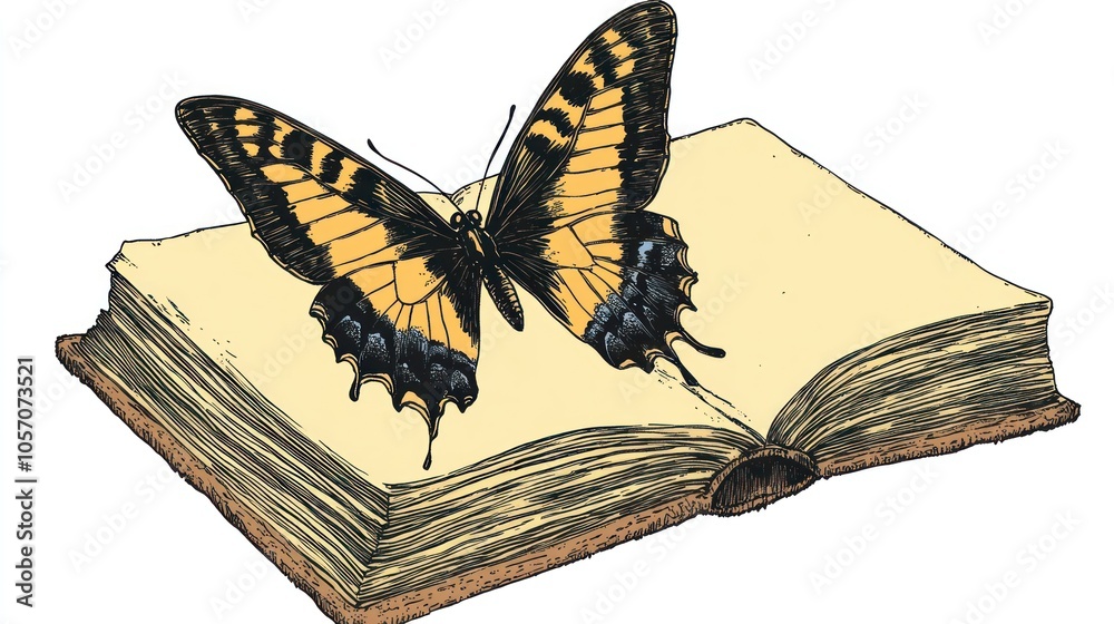 Naklejka premium A yellow and black butterfly perched on an open book.