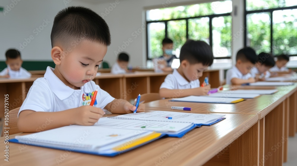 A group of children focuses on their lessons, writing and drawing at their desks in a bright classroom filled with natural light and educational materials A group of children focuses on their lessons, writing and drawing at their desks in a bright classroom filled with natural light and educational materials