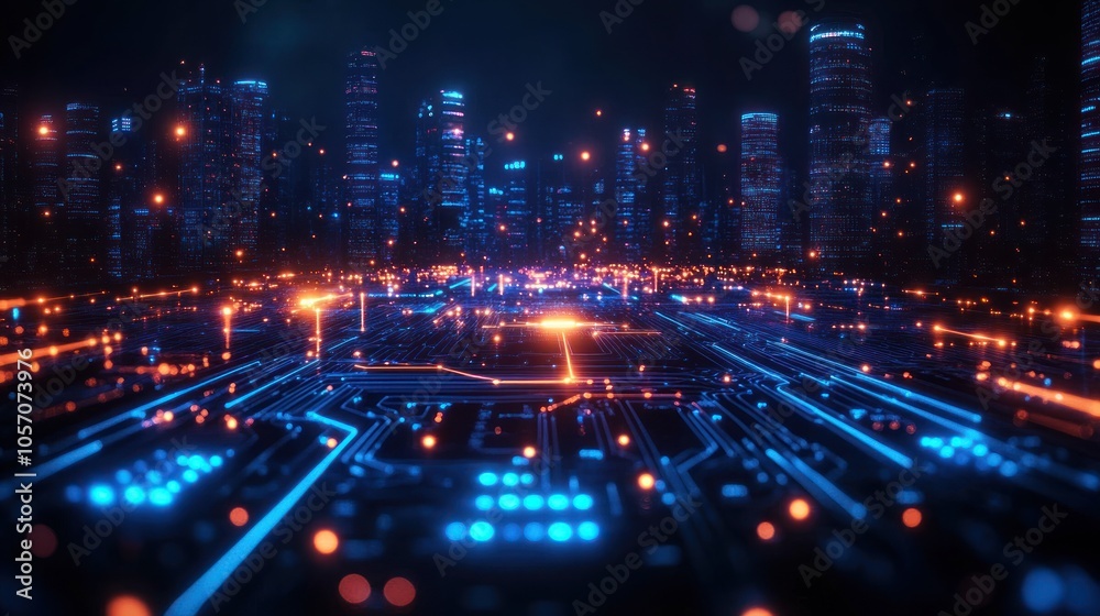 Fototapeta premium Futuristic cityscape with glowing circuit patterns and lights.