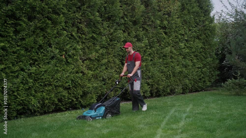 Gardener wearing a red t-shirt and cap mows the lawn with a lawn mower. Sunlight shines on the green grass, showcasing the care and maintenance of the outdoor space