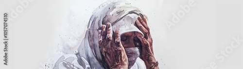 Closeup watercolor a pers Islamic attire dealg wh fancial issues