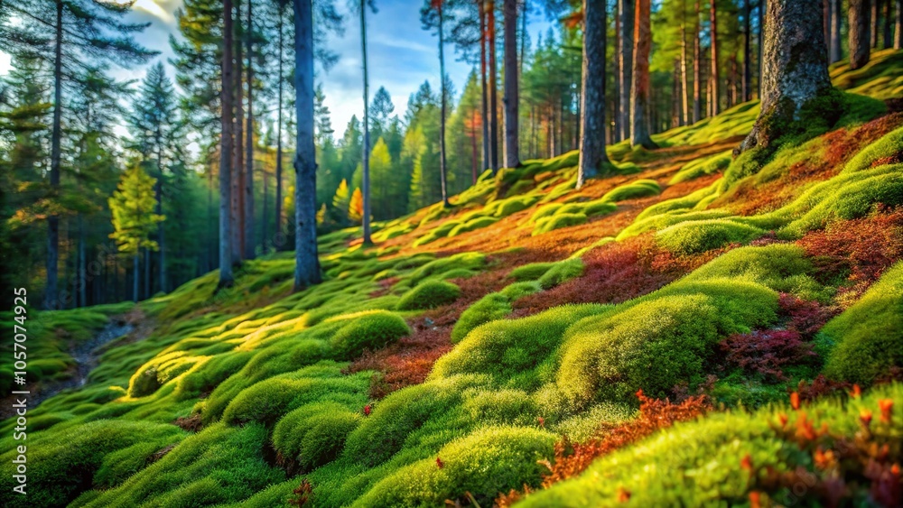 A rolling hillside covered in a vibrant tapestry of mosses and grasses in a sun-dappled forest environment, moss, hillside, landscape, natural beauty, earthy tones