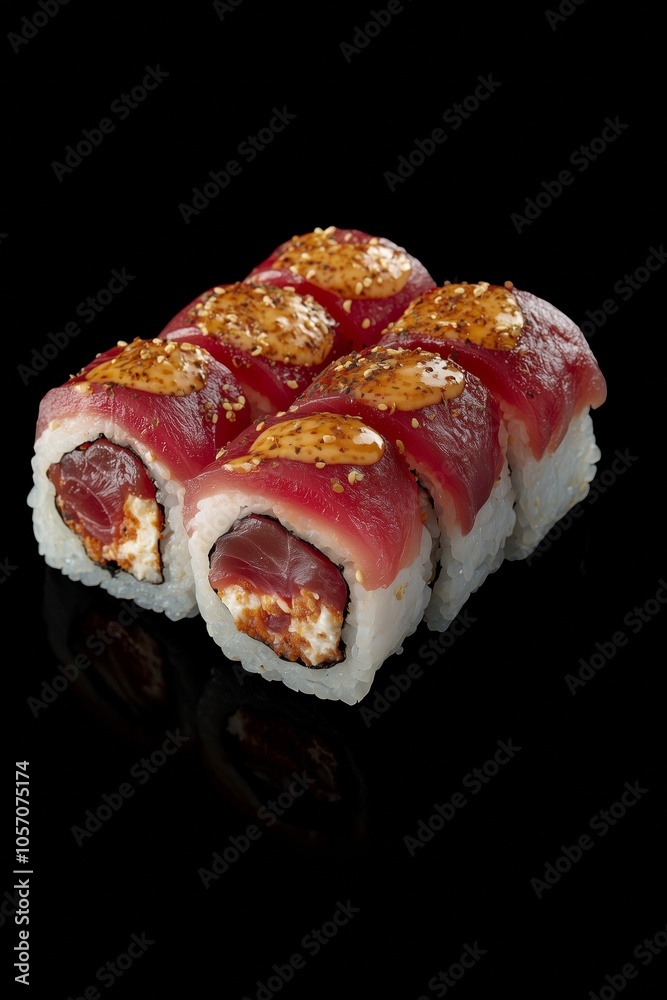 Deliciously crafted sushi rolls with tuna and spicy filling showcased against a dark background Deliciously crafted sushi rolls with tuna and spicy filling showcased against a dark background