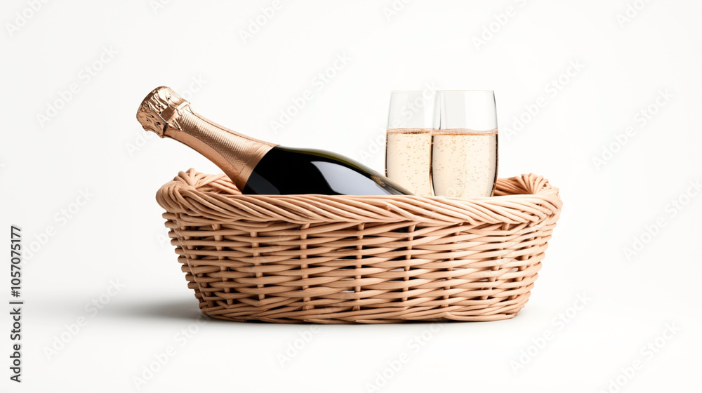 Champagne bottle and two filled flutes in a wicker basket on a white background, showcasing a celebration theme with elegance and luxury. Champagne bottle and two filled flutes in a wicker basket on a white background, showcasing a celebration theme with elegance and luxury.
