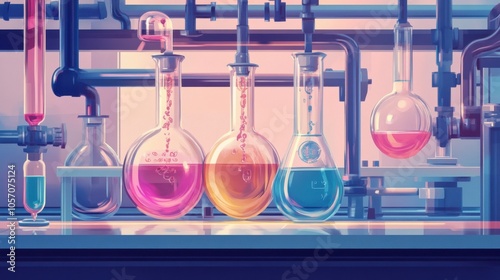 Chemical engineering illustration, depicting chemical reactions in lab glassware, flat and colorful photo