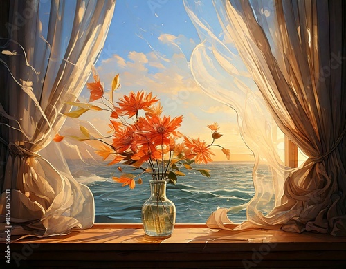 Windy Day: Illustrate a windy day where the curtains flutter, and the glass flower catches the breeze’s whispers.

