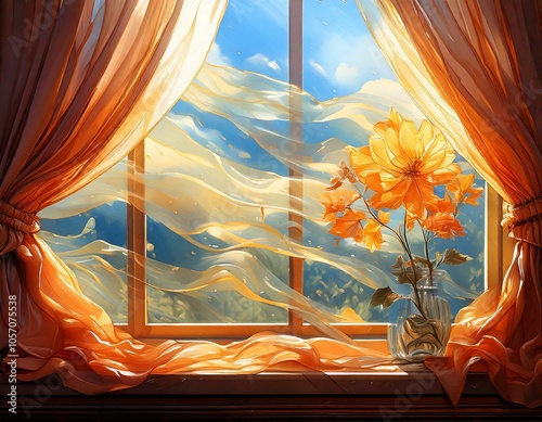 Windy Day: Illustrate a windy day where the curtains flutter, and the glass flower catches the breeze’s whispers.

