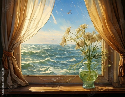 Windy Day: Illustrate a windy day where the curtains flutter, and the glass flower catches the breeze’s whispers.

