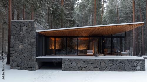 Obraz na płótnie Modern stone and wood house with large glass windows in a snowy forest setting, featuring a sleek design and outdoor seating area. w salonie