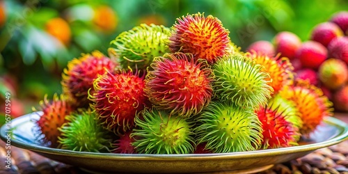 Fresh Rambutan Fruit on a Decorative Plate - Tropical Delight for Culinary and Food Photography