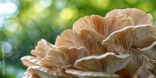 A close-up of an oyster mushroom shows its unique shape and intricate texture, with large gills that look like petals, set against a blurred garden background. photo