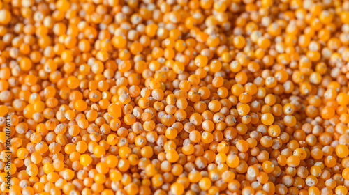 A close-up of millet texture shows its small and round grains with yellowish tones against a soft gradient background from light to dark orange.