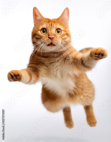 Orange cat jumping in the studio floating or flying isolated white background