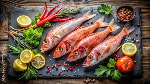 Fresh Squid and Red Mullet Fish on Slate Plate - Seafood Culinary Delight