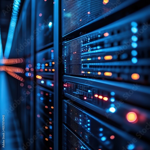 Close-up of server racks with blinking indicator lights.