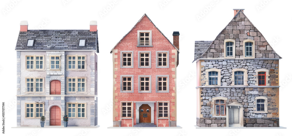 Three buildings of varying heights, with a brick building in the middle, on a street in an ancient town. Three buildings of varying heights, with a brick building in the middle, on a street in an ancient town.