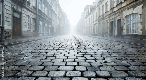 A wide cobblestone street with old buildings on both sides, in a foggy setting.