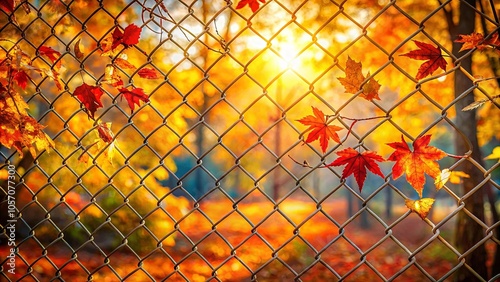 Autumn Leaves Glimpsed Through a Chain-Link Fence, Bathed in the Warm Glow of the Setting Sun