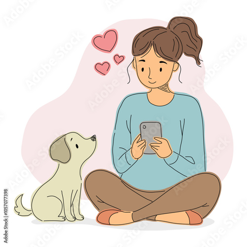 Woman using a smartphone while her dog sits nearby with hearts floating above, warm connection.