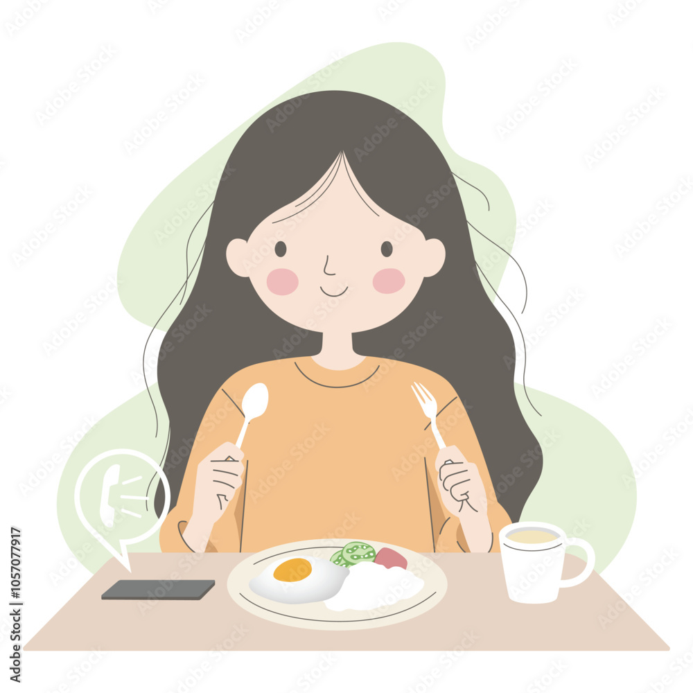 Smiling woman eating breakfast, phone nearby on the table, morning relaxation. Smiling woman eating breakfast, phone nearby on the table, morning relaxation.