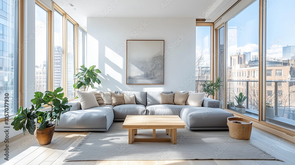 Modern Living Room With Large Windows Natural Light Grey Sofa Wooden Coffee Table Minimalist Decor Indoor Plants Modern Living Room With Large Windows Natural Light Grey Sofa Wooden Coffee Table Minimalist Decor Indoor Plants