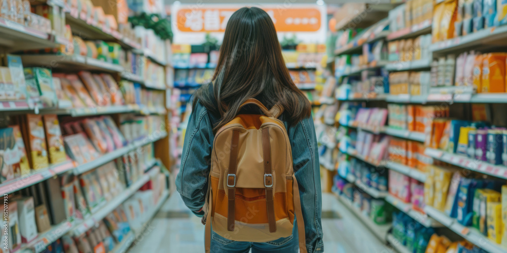 Fototapeta premium An Asian woman with long hair, wearing jeans and a jacket, is carrying a backpack while walking in a store aisle, looking happy to see her friend with a school bag.