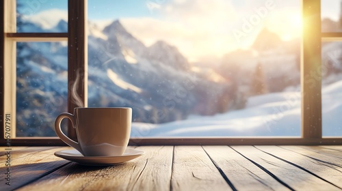 Coffee cup with snowy mountain view. photo