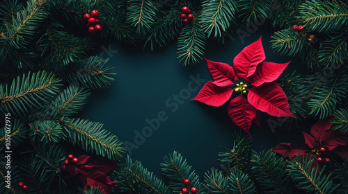 Aesthetic minimalistic Christmas black background with poinsettia flower and fir branch, copy space. Generative AI photo