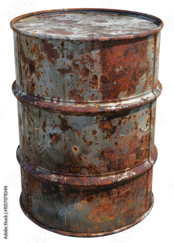 A detailed oil drum with a rusted texture, set against an isolated empty background, perfect for cutout or graphic design. photo